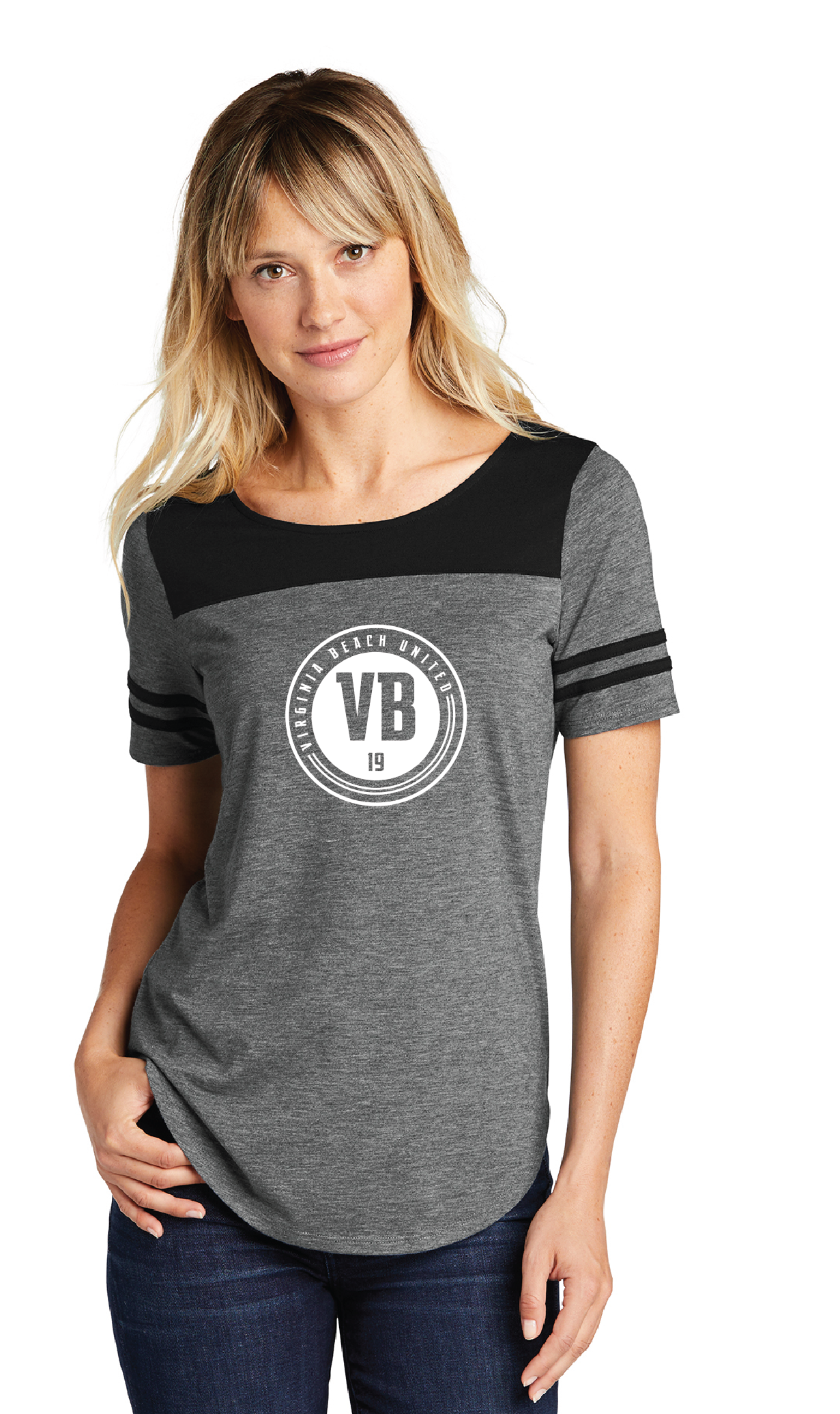 Ladies Tri-Blend Wicking Fan Tee / Black/Dark Grey Heather / VB United